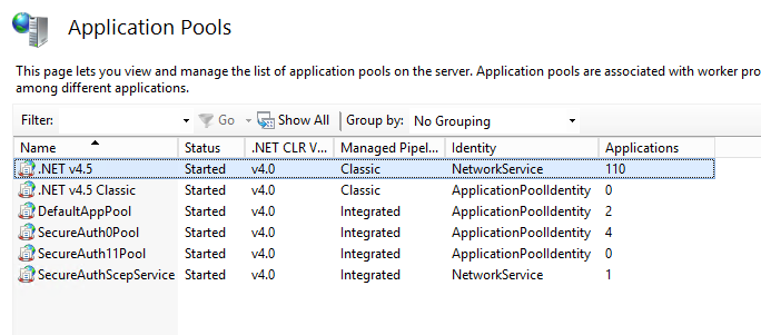 IIS Application Pools list showing a pool with Managed Pipeline Mode set to Classic.