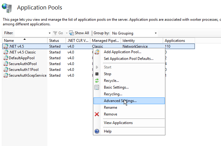 Application Pools list with a pool right-clicked, showing Advanced Settings highlighted in its context menu.