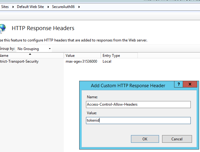 IIS HTTP Response Headers page with the Add Custom HTTP Response Header dialog open, setting Name to Access-Control-Allow-Headers and Value to tokenid.