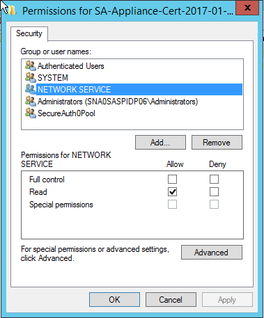 Certificate permissions dialog with NETWORK SERVICE selected and Read allowed, Full control not allowed.