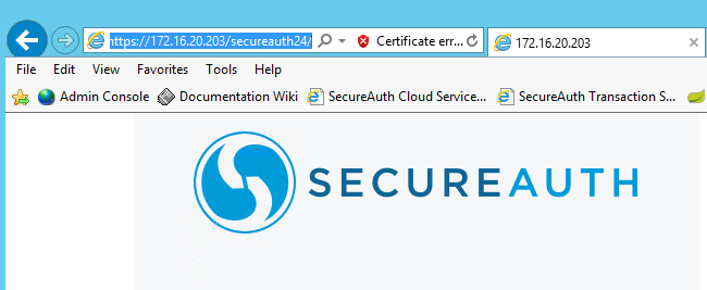 Internet Explorer address bar showing a certificate error while browsing to the internal SecureAuth IdP server by IP address.