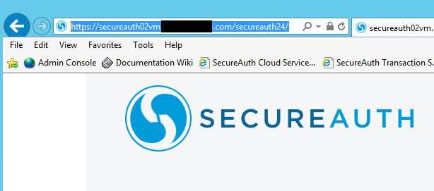 Internet Explorer address bar showing no certificate error while browsing to the internal SecureAuth IdP server by host name.