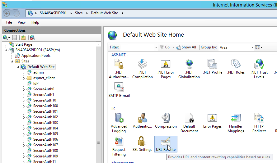 IIS Manager Default Web Site Home page with the URL Rewrite icon highlighted.