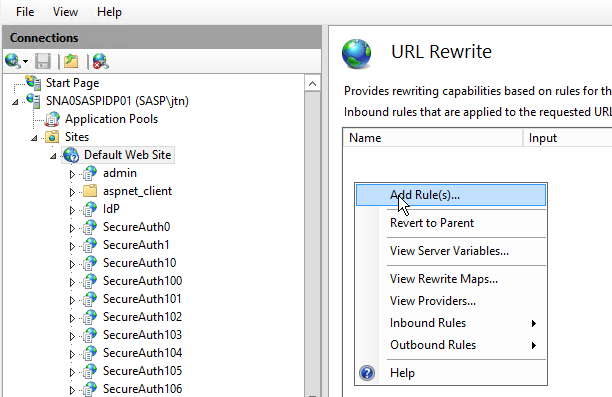 URL Rewrite page with a context menu open and Add Rule(s) highlighted.