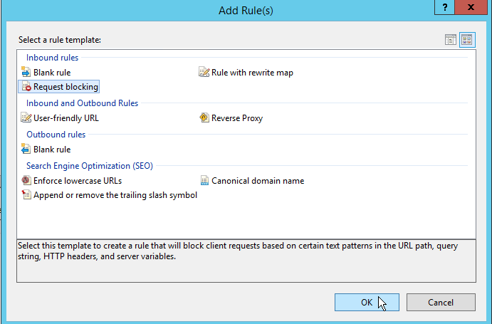 Add Rule(s) dialog with Request blocking selected under Inbound rules.