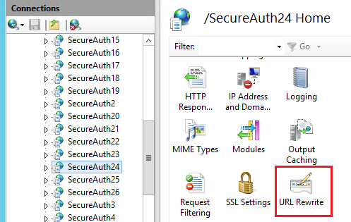 IIS Manager with the SecureAuth24 site selected and the URL Rewrite feature highlighted in the site's Home pane.