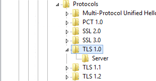 Registry Editor showing the Protocols key expanded, listing SSL 2.0, SSL 3.0, TLS 1.0, TLS 1.1, and TLS 1.2 subkeys.