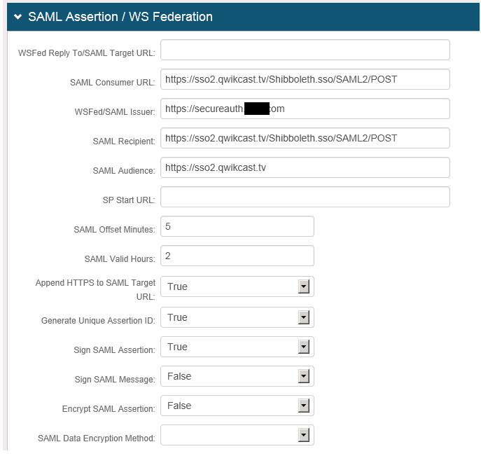 SAML Assertion / WS Federation configuration panel with the WSFed Reply To/SAML Target URL field left blank.