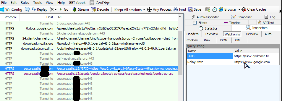 Network trace showing the request's query string, with SPID and RelayState captured as separate parameters.