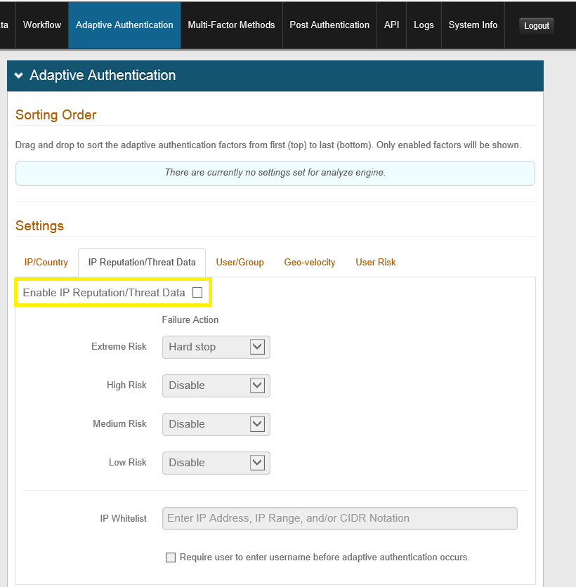 Admin Console Adaptive Authentication tab, IP Reputation/Threat Data settings, with the Enable IP Reputation/Threat Data checkbox highlighted.