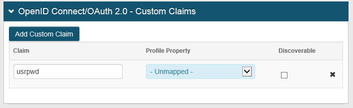 OpenID Connect/OAuth 2.0 Custom Claims panel with a custom claim named usrpwd and Profile Property set to - Unmapped -.