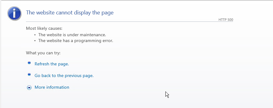 Browser friendly error page reporting the website cannot display the page, HTTP 500.