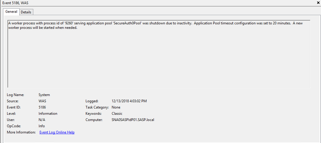 Windows Event Viewer showing Event ID 5186 from source WAS, reporting a worker process serving the application pool was shut down due to inactivity.