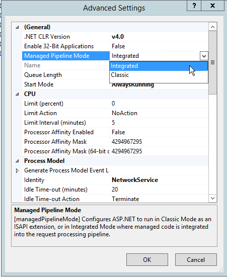 Advanced Settings dialog with the Managed Pipeline Mode drop-down open, showing Integrated and Classic options.