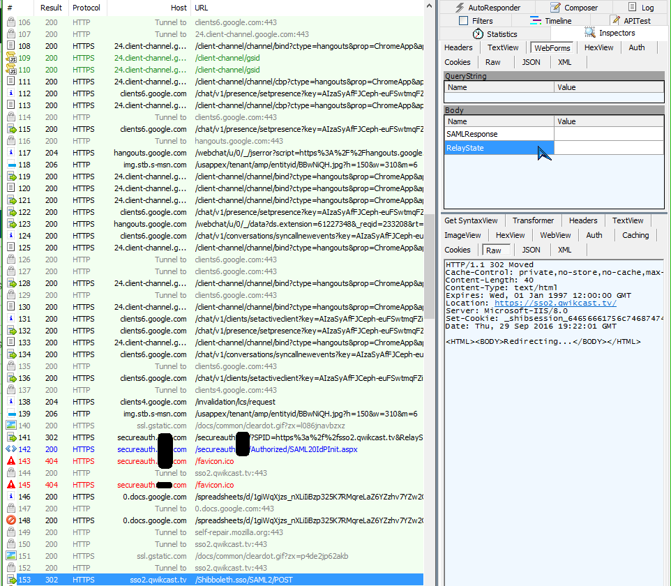 Network trace showing the request body with a SAMLResponse parameter and an empty RelayState parameter.