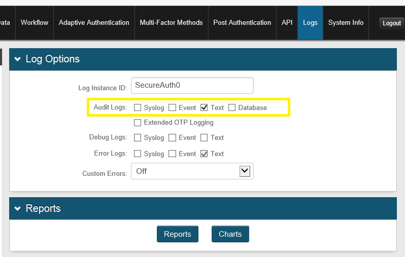 Admin Console Logs tab, Log Options section, with the Audit Logs checkboxes highlighted.