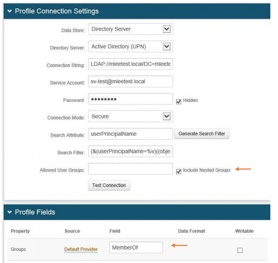 Profile Connection Settings panel with Include Nested Groups checked, and Profile Fields panel with the Groups property's Field set to MemberOf.