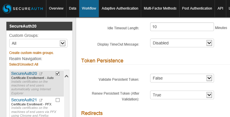 Realm Workflow tab, Token Persistence section, with Validate Persistent Token set to False and Renew Persistent Token (After Validation) set to True.