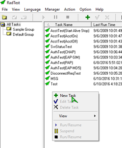 RadTest task list with a right-click context menu open, showing New Task highlighted at the top.