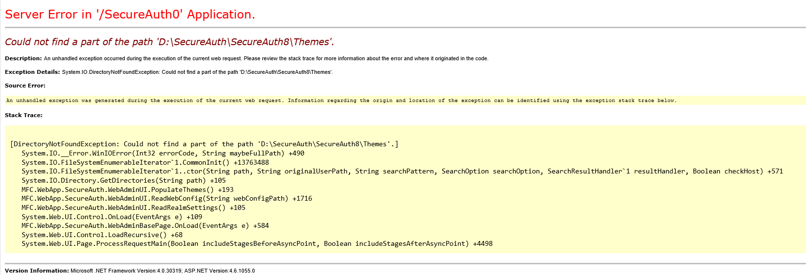 Server Error page showing Could not find a part of the path D:\SecureAuth\SecureAuth8\Themes, with a DirectoryNotFoundException stack trace.
