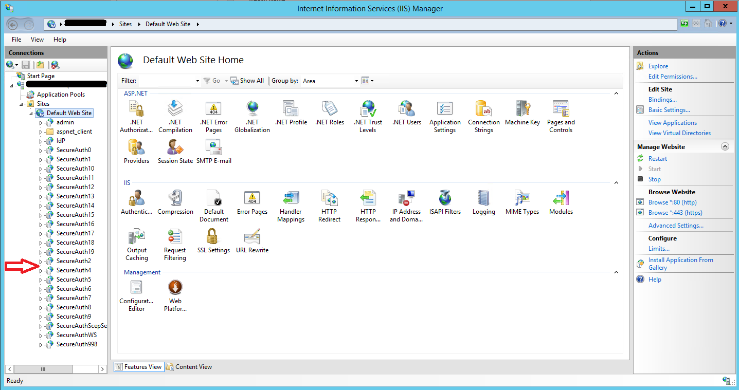 IIS Manager's Default Web Site application list, with a red arrow pointing at a gap in the sequence of SecureAuth realm applications where one is missing.