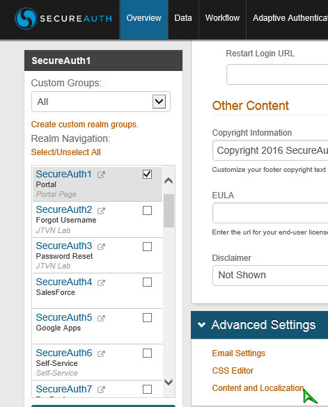 Realm Overview tab with Content and Localization highlighted under Advanced Settings.