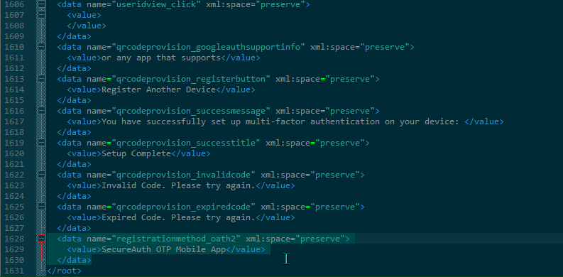 Language_en.resx open in a text editor, with a registrationmethod_oath2 data entry added and its value set to SecureAuth OTP Mobile App.