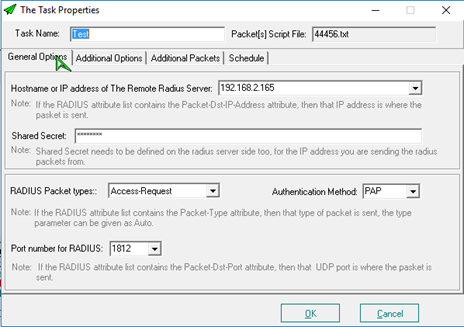 Task Properties dialog's General Options tab, showing fields for the RADIUS server's hostname or IP address, shared secret, packet type, authentication method, and port number.