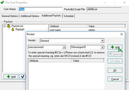 Task Properties dialog's Additional Packets tab, adding a new packet with the user-name and user-password attributes filled in.