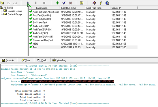 RadTest log showing an Access-Challenge response, with the Reply-Message prompting for a time-based passcode or a choice of SMS, phone, or email delivery, and the State attribute to copy for the next request.