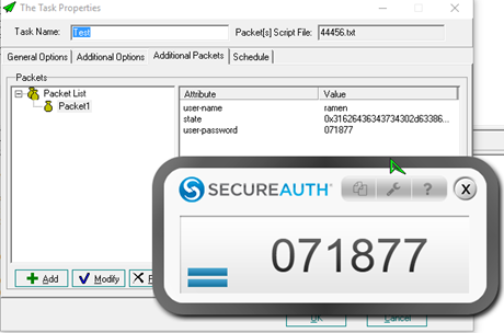 Task Properties dialog's Additional Packets tab, with the user-password value replaced by an OTP and a state attribute added with the copied challenge state value.