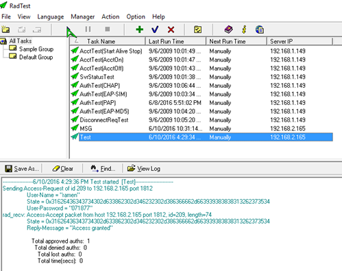 RadTest log showing a successful authentication, with the Reply-Message field reading Access granted and Total approved auths showing 1.