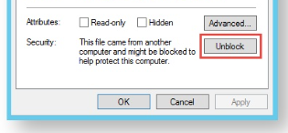 File Properties dialog Security section showing This file came from another computer and might be blocked, with the Unblock button highlighted.
