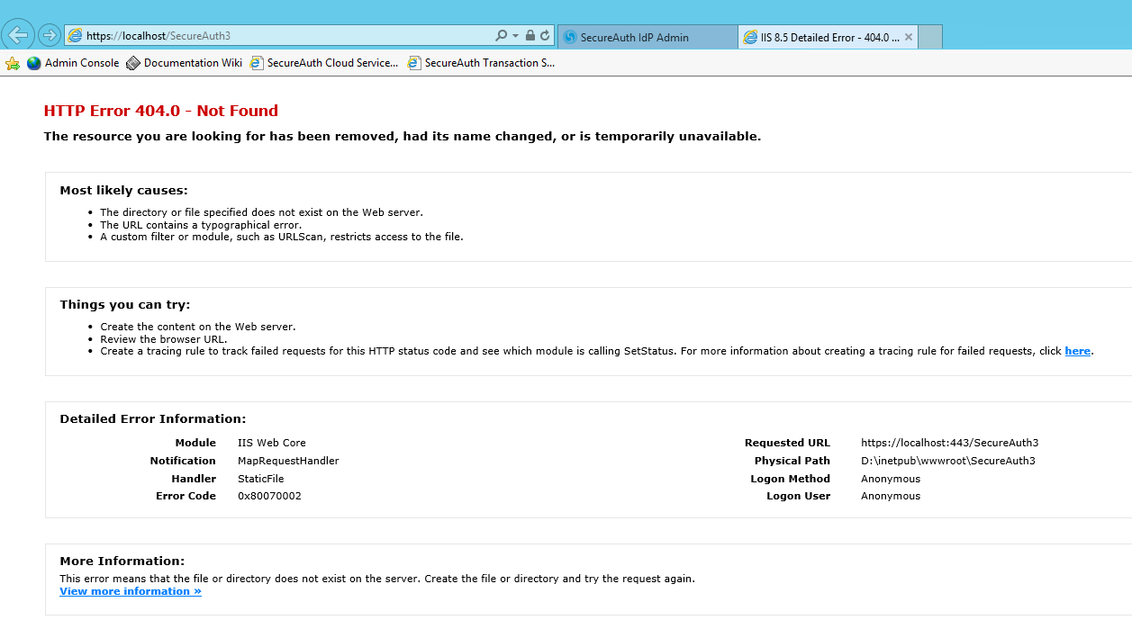IIS 8.5 Detailed Error page showing HTTP Error 404.0 - Not Found for a request to https://localhost/SecureAuth3, with the Physical Path listed as D:\inetpub\wwwroot\SecureAuth3.