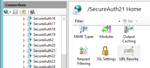 IIS Manager with the SecureAuth21 site selected and the URL Rewrite feature highlighted in the site's Home pane.