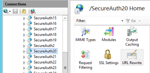 IIS Manager with the SecureAuth20 site selected and the URL Rewrite feature highlighted in the site's Home pane.