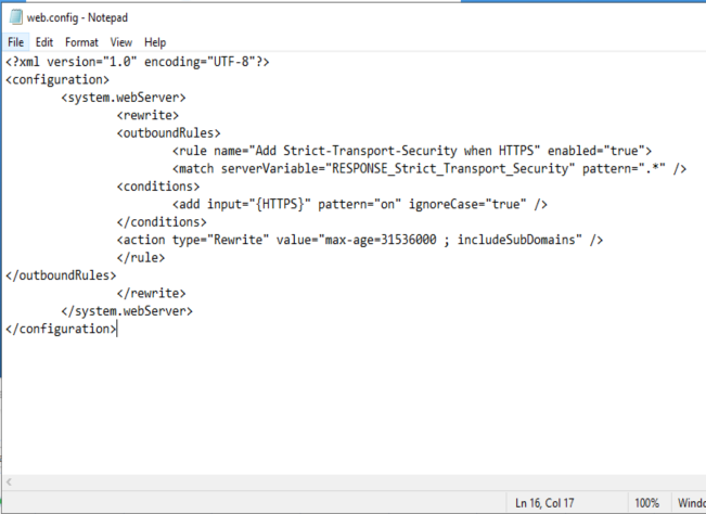 Completed web.config open in Notepad, showing the Add Strict-Transport-Security when HTTPS outbound rule under system.webServer, rewrite, outboundRules.