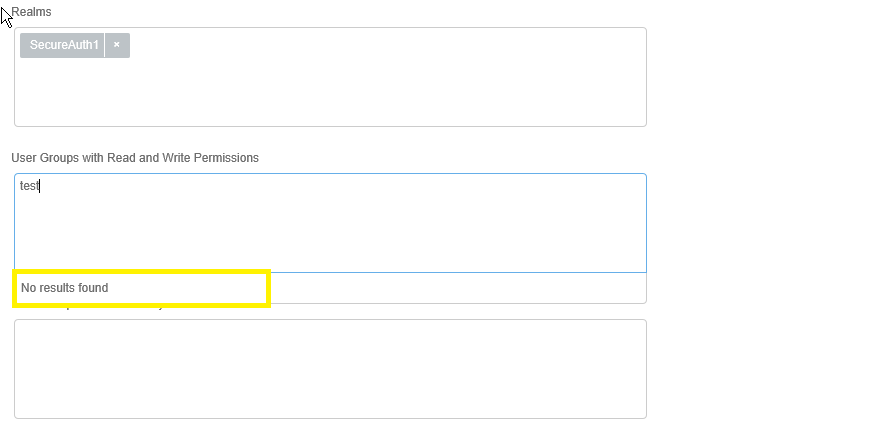RBAC Create Rule screen with a group name typed into User Groups with Read and Write Permissions, returning No results found.