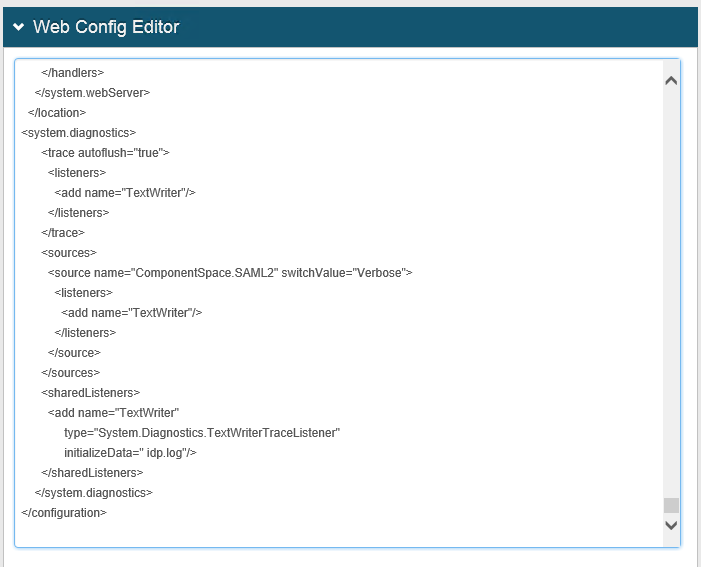 Web Config Editor showing the pasted system.diagnostics trace block just above the closing configuration tag.