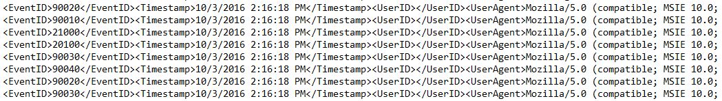 Log file excerpt with no separator between entries — each XML-style log entry runs directly into the next with no blank line or marker between them.