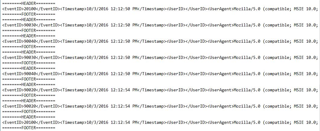 Same kind of log file, now with a line reading ========HEADER======== before each entry and ========FOOTER======== after it.