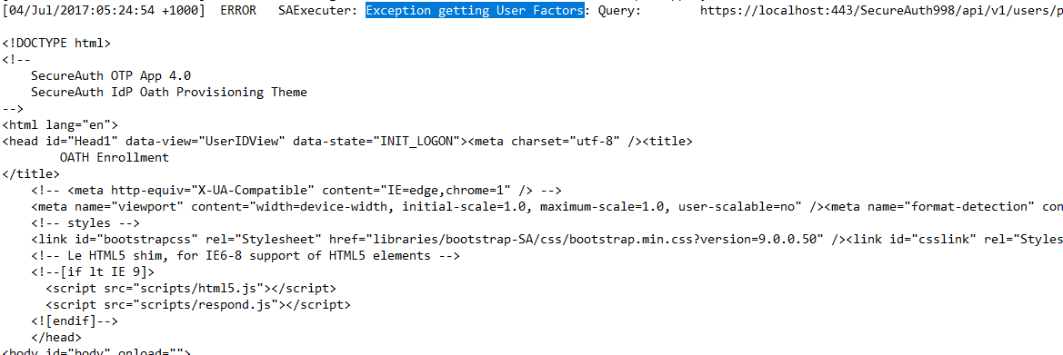 RADIUS server log showing an Exception getting User Factors error followed by the start of an HTML page instead of a JSON response.