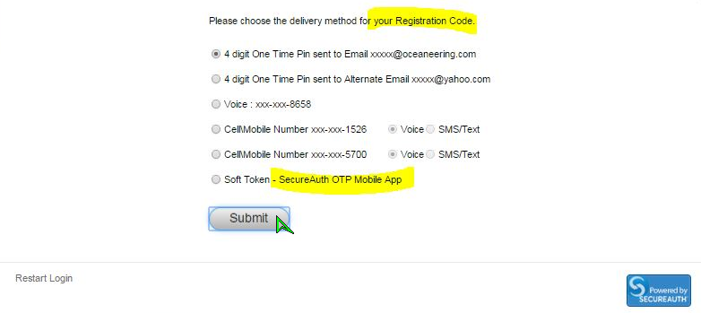 Registration method selection page, with the Soft Token option showing the label SecureAuth OTP Mobile App highlighted.