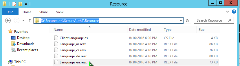 File Explorer showing the Resource folder for a realm, with Language_en.resx selected among the other Language_XX.resx files.