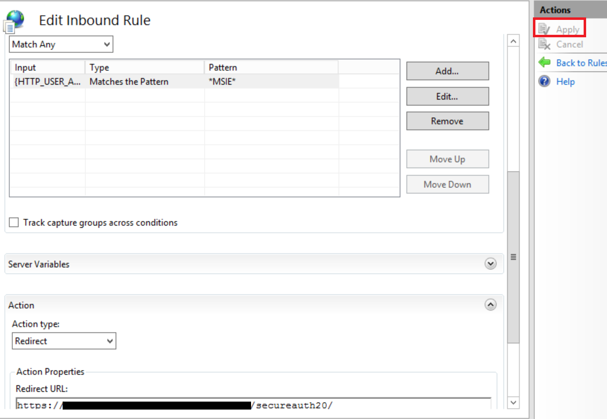 Completed IIS Edit Inbound Rule screen showing the HTTP_USER_AGENT MSIE condition, the redirect action to the Native Mode Cert Landing Page realm, and the Apply button.