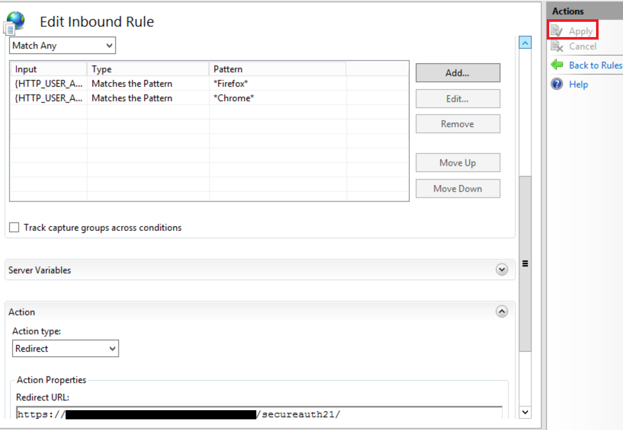 Completed IIS Edit Inbound Rule screen showing the Firefox and Chrome HTTP_USER_AGENT conditions, the redirect action to the Create PFX realm, and the Apply button.