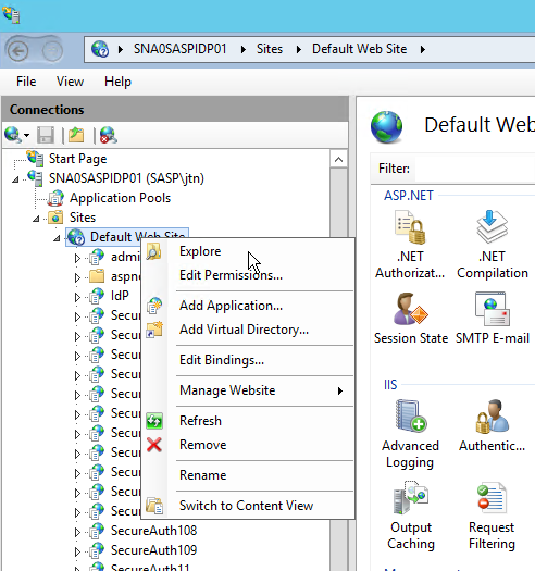 IIS Manager with Default Web Site right-clicked, showing its context menu.