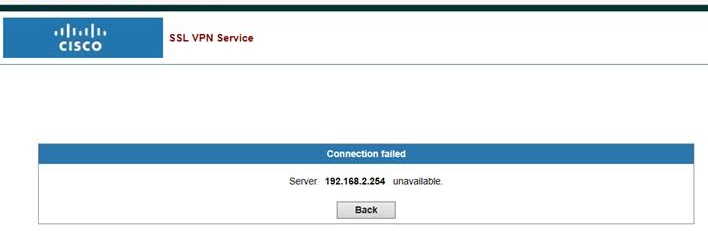 Cisco SSL VPN Service page showing Connection failed, Server 192.168.2.254 unavailable.