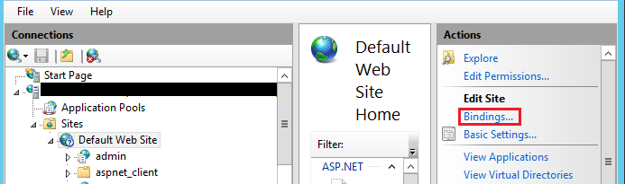 IIS Manager with Default Web Site selected and the Bindings link highlighted in the Actions pane.