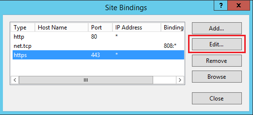 Site Bindings dialog with the https port 443 binding selected and the Edit button highlighted.
